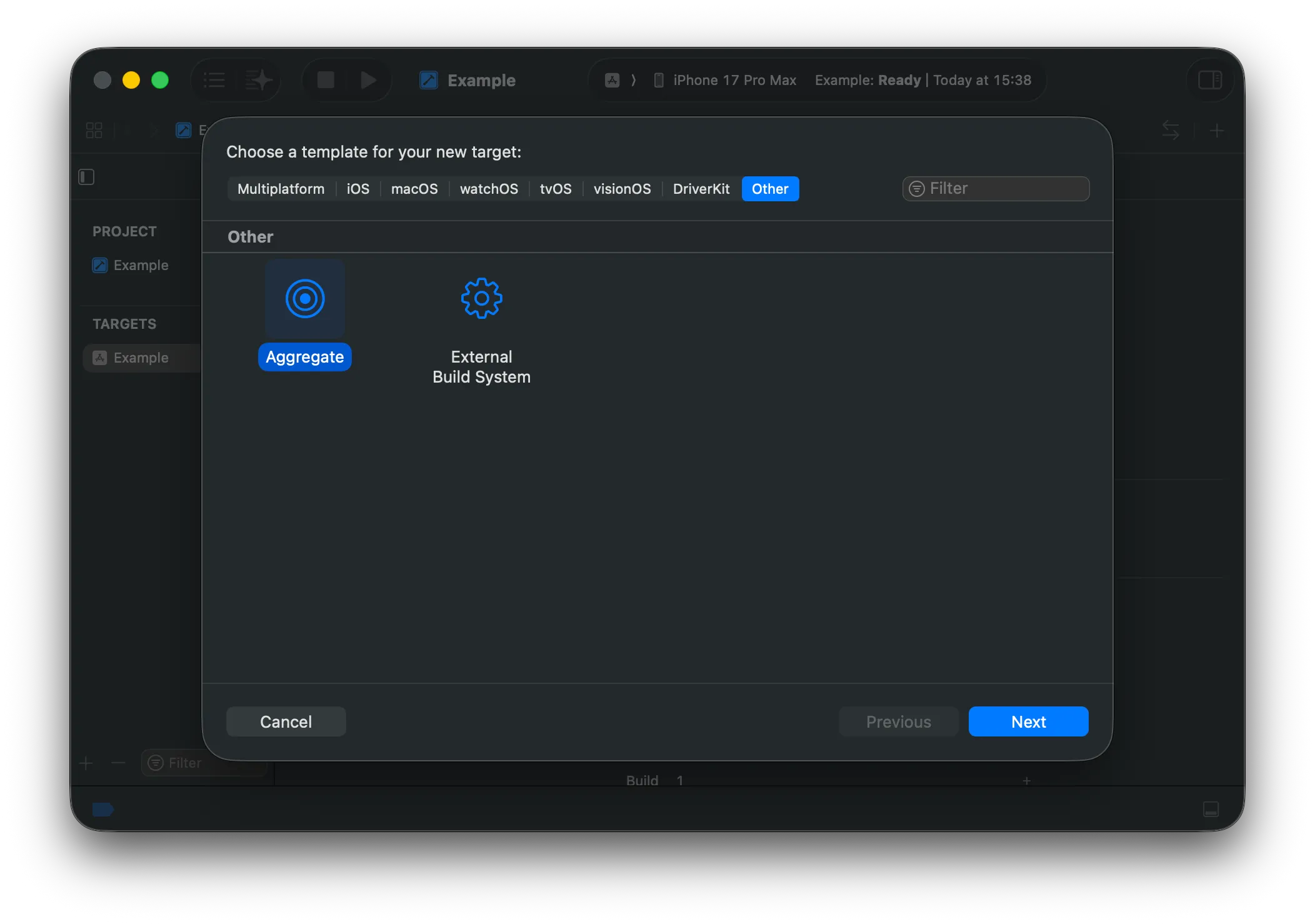 The target template chooser with the Other category selected and the Aggregate template highlighted