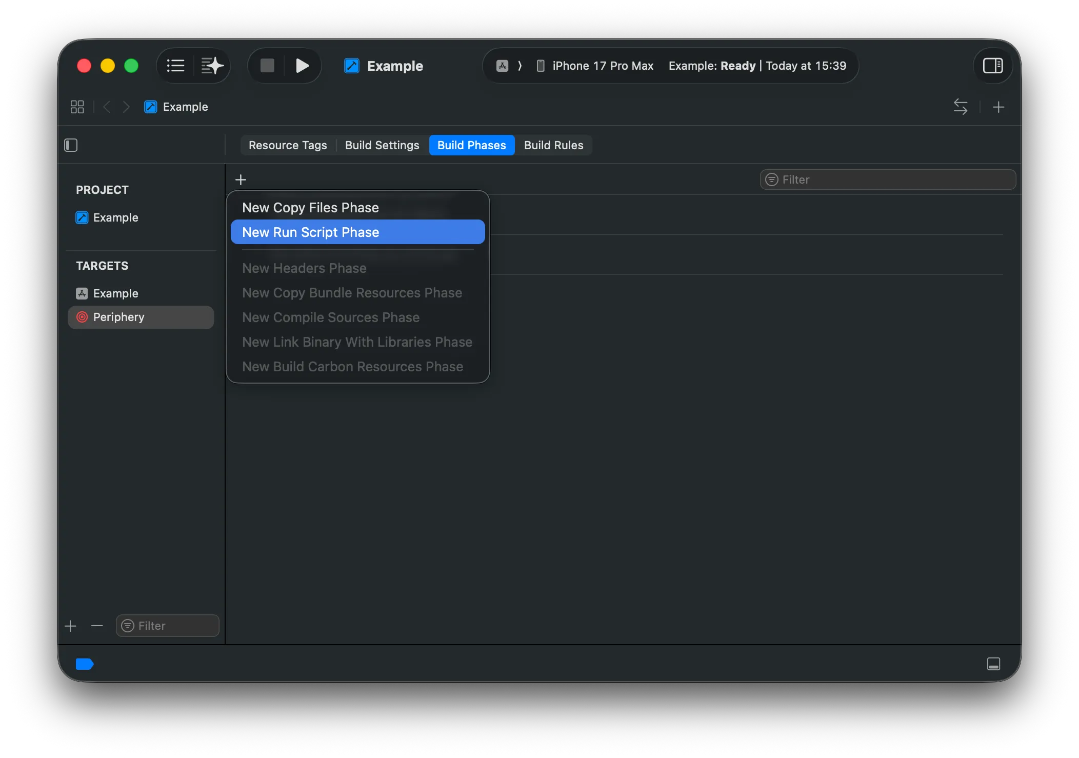 The Build Phases tab of the Periphery target with New Run Script Phase selected in the + menu