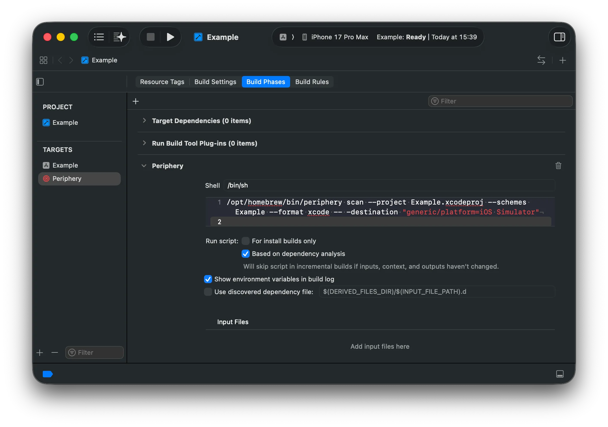 The Run Script phase containing a periphery scan command