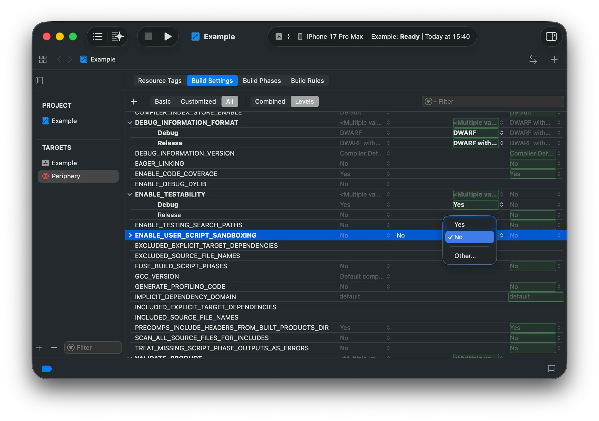 The Build Settings tab with ENABLE_USER_SCRIPT_SANDBOXING set to No for the Periphery target