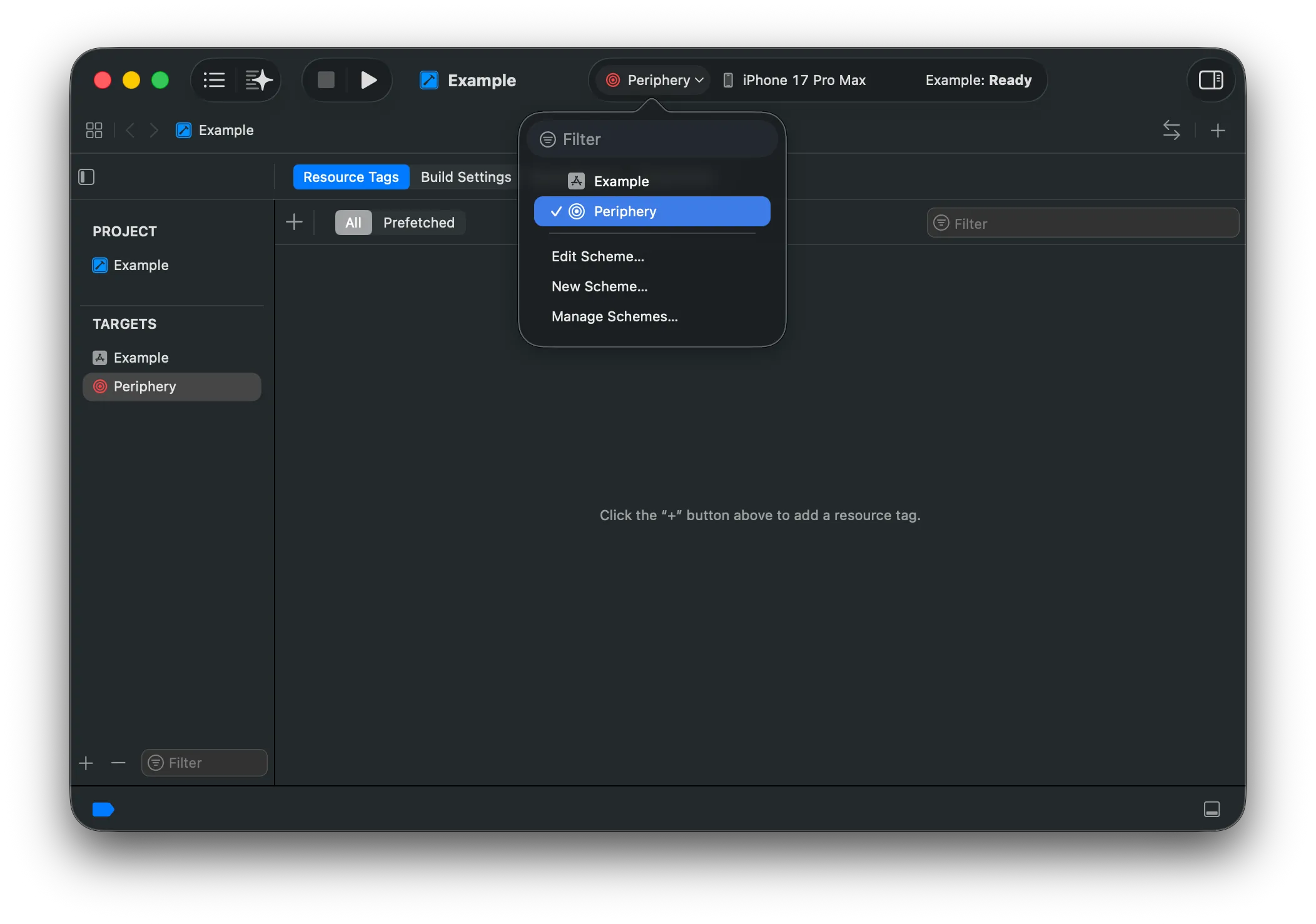 The scheme dropdown in the Xcode toolbar with the Periphery scheme selected