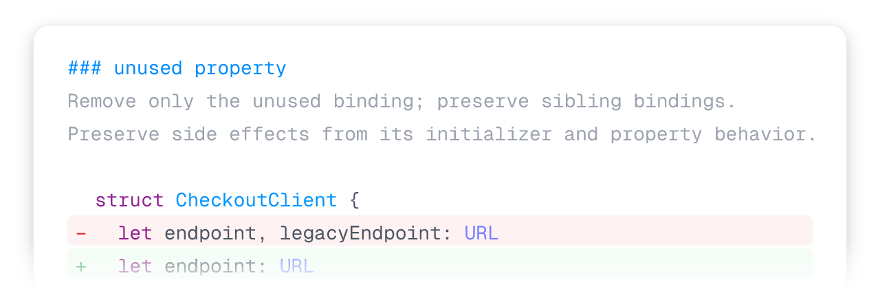 Agent prompt guidance and a precise Swift code removal