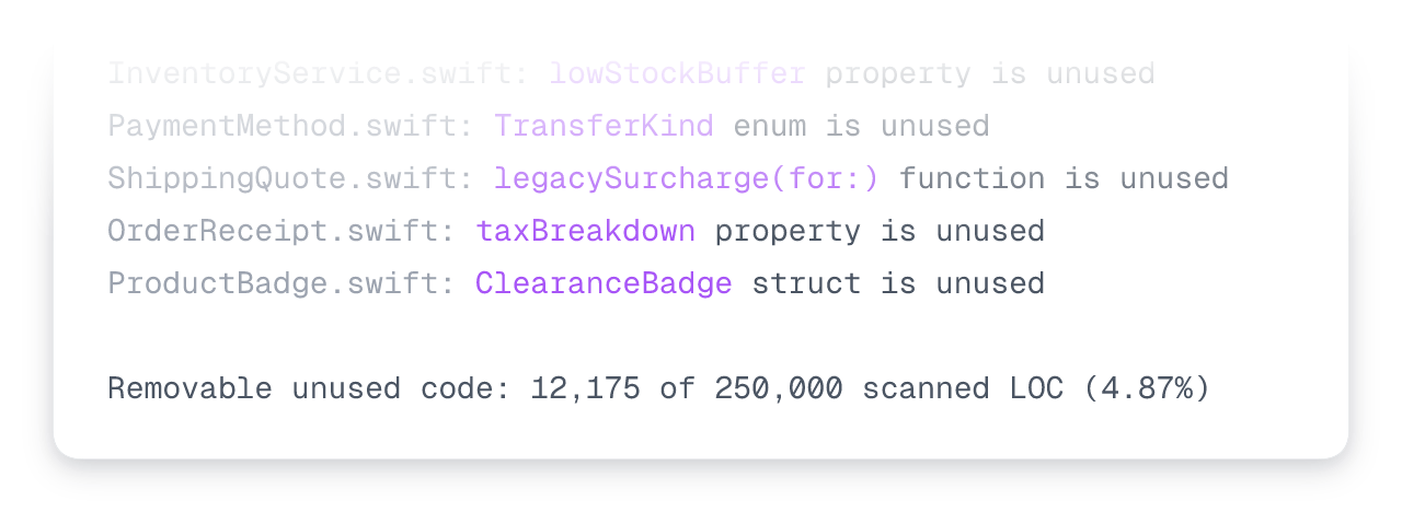 Terminal output showing Periphery's removable unused code estimate